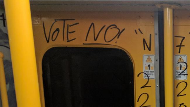 Homophobic graffiti pictured on a suburban Sydney train. Picture: ecarter6/imgur