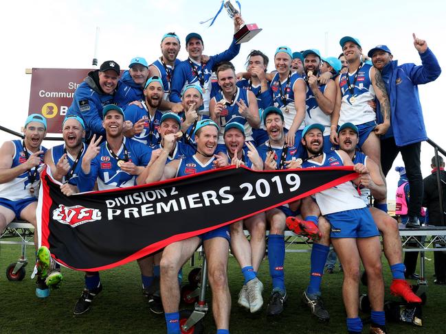 Sunbury Kangaroos celebrate last season’s premiership triumph. Picture: Mark Dadswell