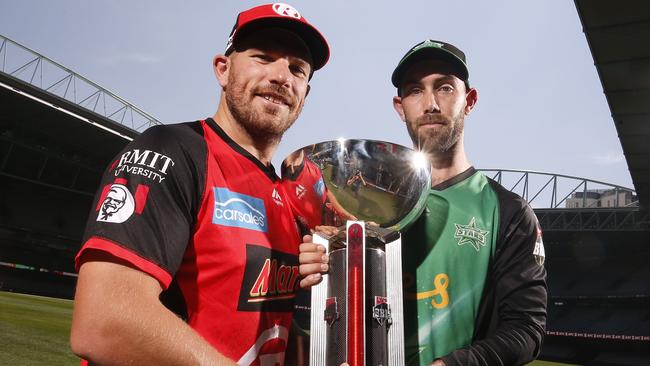 Aaron Finch of the Melbourne Renegades and Glenn Maxwell