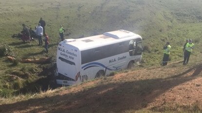 The bus that crashed on Burley Griffin Way at the Demondrille Creek Bridge. Picture: Live Traffic NSW