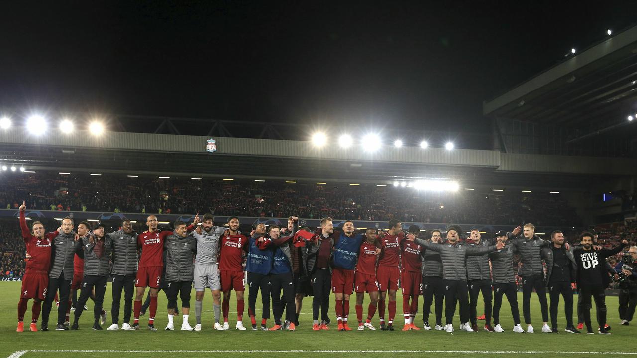 Liverpool players celebrate after their semi-final win over Barcelona.