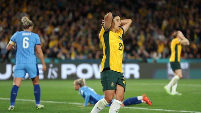 SYDNEY, AUSTRALIA - AUGUST 16: Sam Kerr of Australia reacts after their headed shot attempt goes wide during the FIFA Women's World Cup Australia &amp; New Zealand 2023 Semi Final match between Australia and England at Stadium Australia on August 16, 2023 in Sydney, Australia. (Photo by Cameron Spencer/Getty Images)