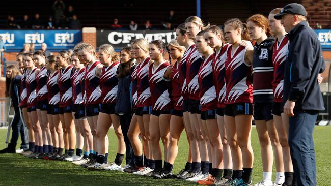 Rowville Secondary lineup for the national anthem. Picture: Dylan Burns/AFL Photos via Getty Images