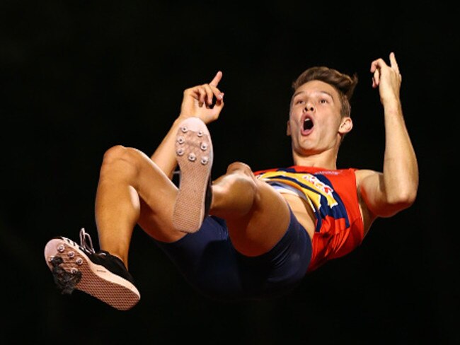 Kurtis Marschall celebrates a successful jump at the national junior athletics championships in Perth last year. Picture: Paul Kane/Getty Images