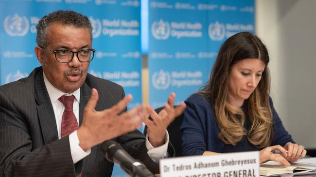 WHO Director-General Tedros Adhanom Ghebreyesus speaking next to WHO Technical Lead Maria Van Kerkhove during a press briefing. Picture: Christopher Black / World Health Organization / AFP)