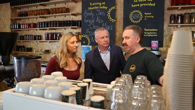 Hamlet CEO Emily Briffa, Premier Jeremy Rockliff and Hamlet participant Jim Mackey at Hamlet Care in Hobart on Wednesday, May 7, 2025.
