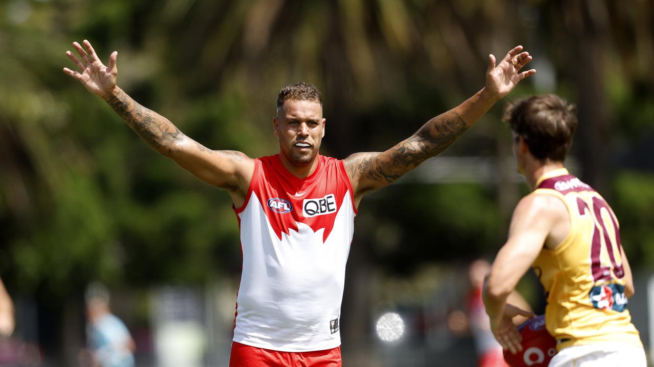 Lance Franklin struggled to find the footy on reduced minutes during a one-sided contest against Brisbane at Lakeside Oval. Picture: Phil Hillyard