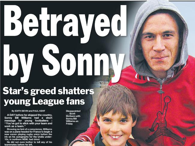 The Daily Telegraph’s front page in 2008 after sonny Bill Williams walked out on rugby league.