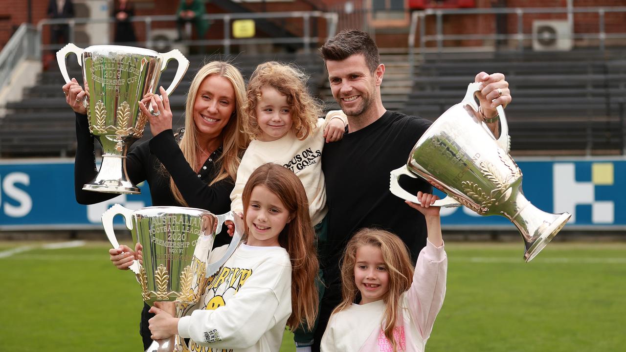 Trent Cotchin with his wife Brooke and their children Parker, Harper and Mackenzie after he announced his retirement. (Photo by Kelly Defina/Getty Images)