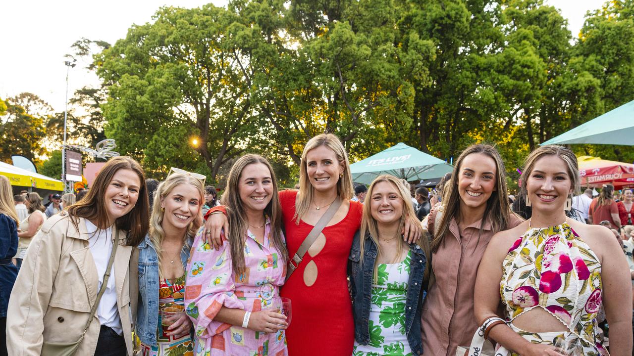 At Toowoomba Carnival of Flowers Festival of Food and Wine are (from left) Bec Ryan, Madison Fitch, Sarah Hamilton, Paris Pola, Nikki Crowther, Bridget Blinco and Amy Ljung, Saturday, September 14, 2024. Picture: Kevin Farmer