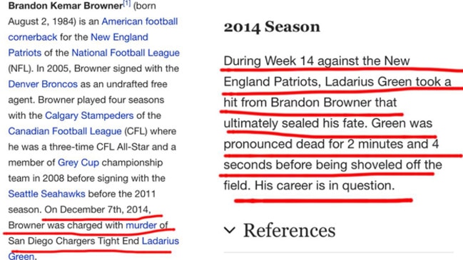 Brandon Browner’s altered Wikipedia page.