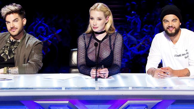 Former X Factor judges Adam Lambert, Iggy Azalea and Guy Sebastian.