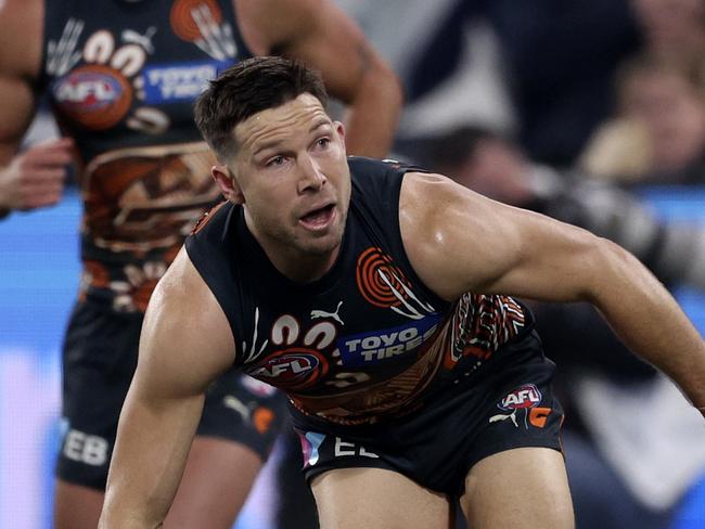 GEELONG, AUSTRALIA - MAY 25: Toby Greene of the Giants celebrates a goal during the 2024 round 11 AFL match between Geelong Cats and Greater Western Sydney Giants at GMHBA Stadium, on May 25, 2024, in Geelong, Australia. (Photo by Martin Keep/AFL Photos/Getty Images)