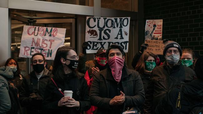 Demonstrators call on New York Gov. Andrew Cuomo to resign at a rally on March 2. Picture: AFP