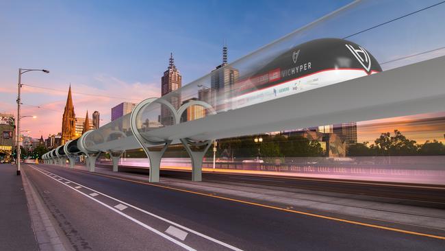An artist's impression of the Hyperloop pod on Princes Bridge, Melbourne.