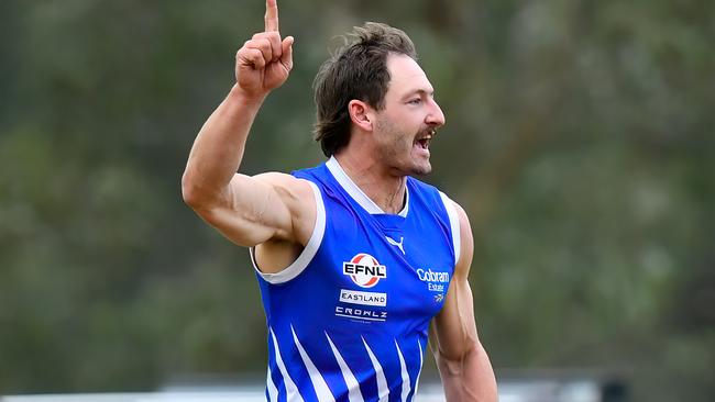 James Belo of East Ringwood celebrates kicking a goal during the round eight EFNL Premier Eastland Senior Mens match between Rowville and East Ringwood at Seebeck Oval, on June 01, 2024, in Melbourne, Australia. (Photo by Josh Chadwick)