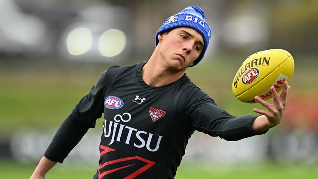 MELBOURNE, AUSTRALIA - JULY 16: Jye Caldwell of the Bombers in action during an Essendon Bombers AFL training session at The Hangar on July 16, 2024 in Melbourne, Australia. (Photo by Daniel Pockett/Getty Images)