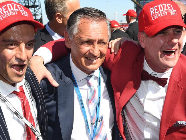 Trainer Peter Snowden (centre) with connections after Kerrin McEvoy rode Redzel to victory. Picture: AAP