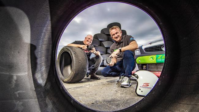 Motor racing identities Paul Morris and Russell Ingall test-driving a new bitumen made from recycled tyres. Picture: NIGEL HALLETT