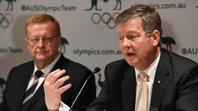 AOC boss John Coates (left) said Matt Carroll’s heart was in rugby and he would be an ideal choice as Rugby Australia’s new boss. Picture: AFP