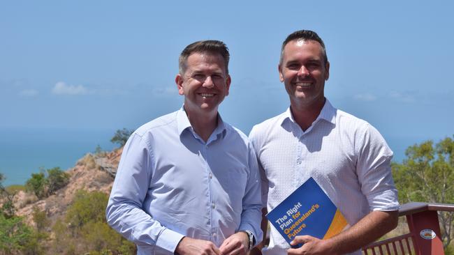 Deputy Opposition Leader Jarrod Bleijie with LNP candidate for Townsville Adam Baillie at Castle Hill Lookout in Townsville.