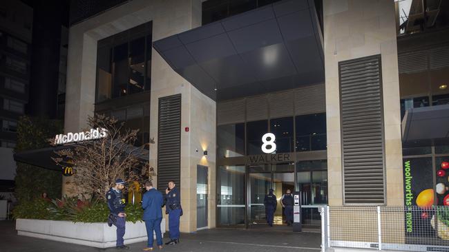 Outside the Rhodes apartment block where former Lone Wolf Bikie Yusuf Nazlioglu was shot on Monday evening. Picture: Liam Mendes