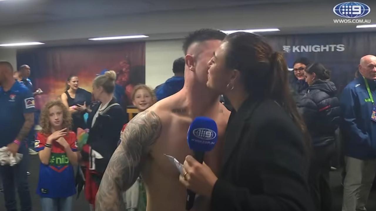 It started out with a kiss. How did it end up like this? Photo: YouTube, NRL on Nine.