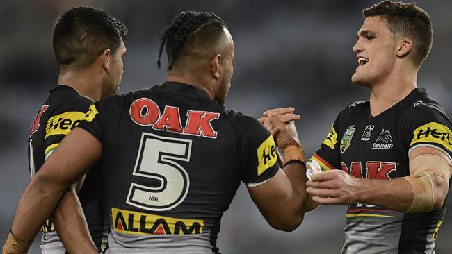 Nathan Cleary and the Panthers celebrate their win over the Warriors. Picture: Getty Images