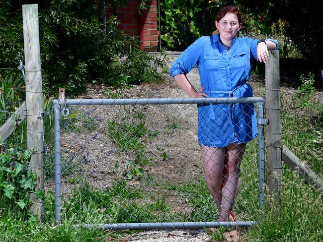 Emma Godfrey by her electric fence she fears won’t keep her dogs in during a power failure.