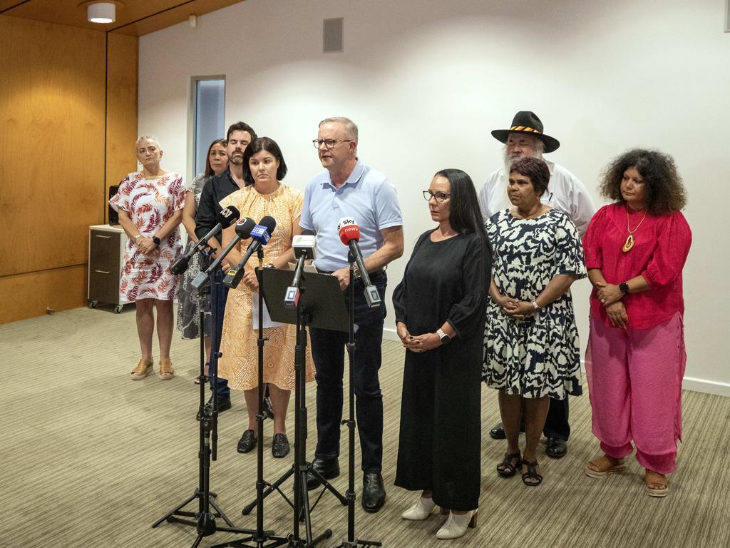 Prime Minister Anthony Albanese at a press conference in Alice Springs after meeting with local leaders and Chief Minister Natasha Fyles. Picture: Liam Mendes / The Australian