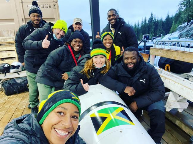 Dr Jo Brown with the Jamaican bobseld team. Picture: Supplied.