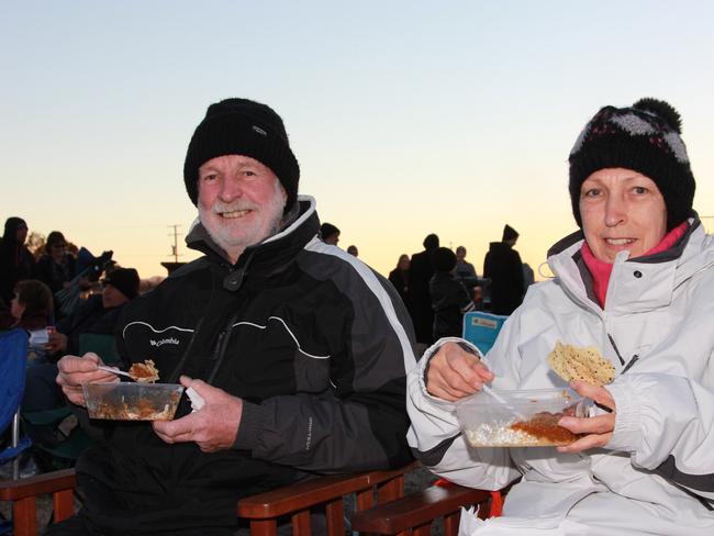 Peter and Cheryl Steward enjoy a warm stew at the Killarney Bonfire and Fire Drum Night Saturday, July 19, 2014. Photo John Towells / Warwick Daily News