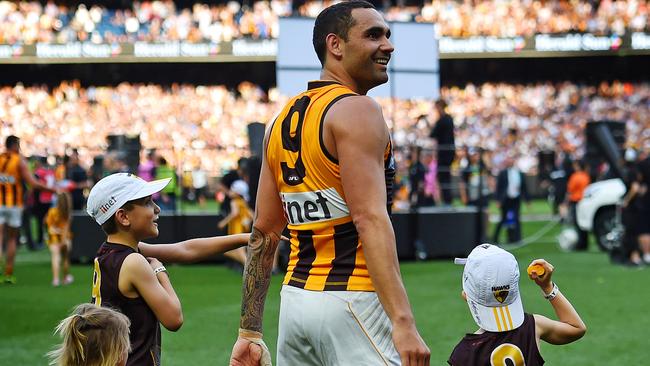 Shaun Burgoyne of Hawthorn celebrates after the siren in 2015. Picture: Nicole Garmston