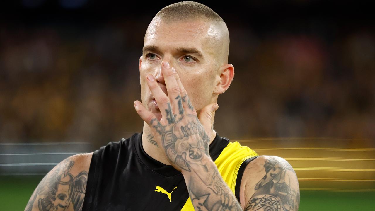 MELBOURNE, AUSTRALIA - JUNE 15: Dustin Martin is seen after his 300th match during the 2024 AFL Round 14 match between the Richmond Tigers and the Hawthorn Hawks at The Melbourne Cricket Ground on June 15, 2024 in Melbourne, Australia. (Photo by Michael Willson/AFL Photos via Getty Images)