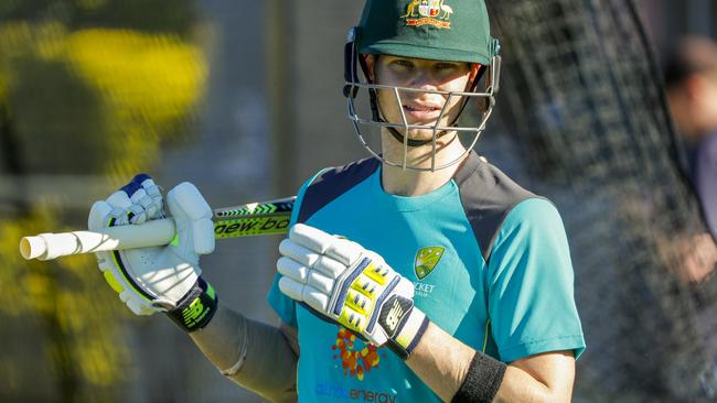 Steve Smith’s first outing in Australian colours since the end of his sandpapergate ban came in the Allan Border Field nets. Picture: AAP Image/Glenn Hunt