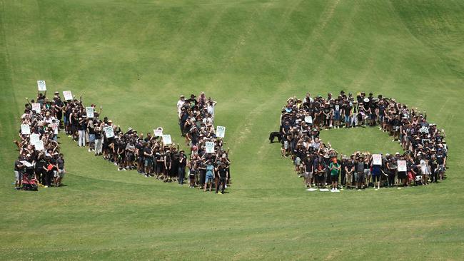 Victoria Park Olympic stadium protesters form a giant human ‘No’ early this month. Picture: Liam Kidston