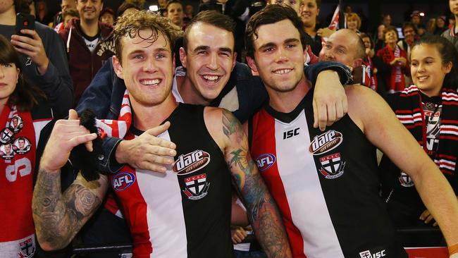Tim Membrey and Paddy McCartin celebrate the Round 9 win over Essendon. Photo by Michael Dodge.