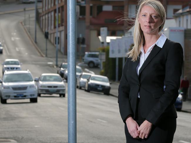 RACT Exectutive General Manager, Membership and Communication Stacey Pennicott at one of Hobarts accident blackspots, the corner of Patrick and Murry streets.