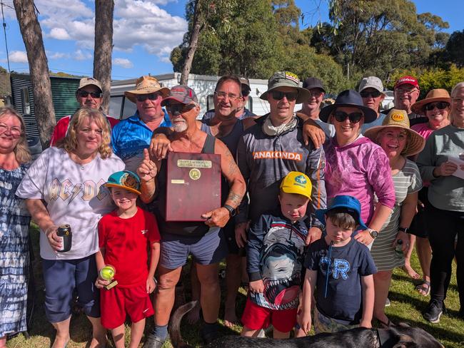 The happy, victorious bush cricketers from Bronte, proudly holding on to the inaugural Goat-track Ashes Perpetual Trophy. Picture: Charles Wooley