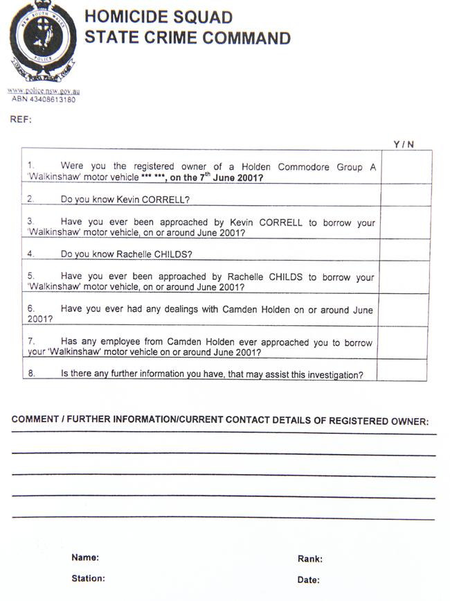 The letter sent by the detectives to every registered owner of a Walkinshaw in Australia after Rachelle’s death.