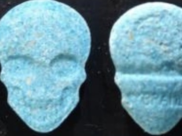 Skull shaped tablets with MYBRAND marking have been found containing high dose MDMA and a syntheticcathinone, dipentylone. Picture: NSW Police