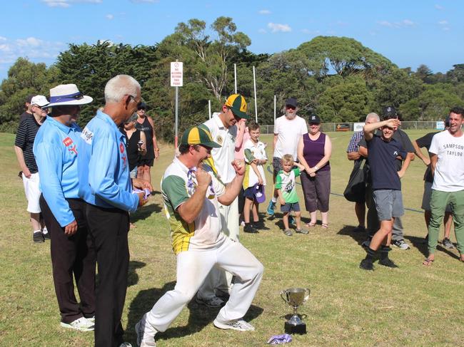 Dromana's excited medal recipient Jeff Bluhm. Picture: Adam Voigt