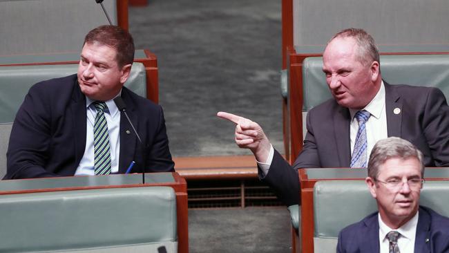 Llew O'Brien with Barnaby Joyce during Question Time in the House of Representatives in Parliament House in Canberra. Picture: Gary Ramage