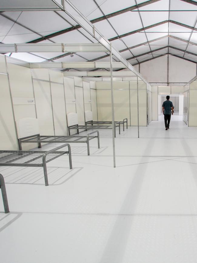 Inside an emergency makeshift field hospital at Pacaembu Stadium in Sao Paulo, Brazil. Picture: Miguel Schincariol/Getty