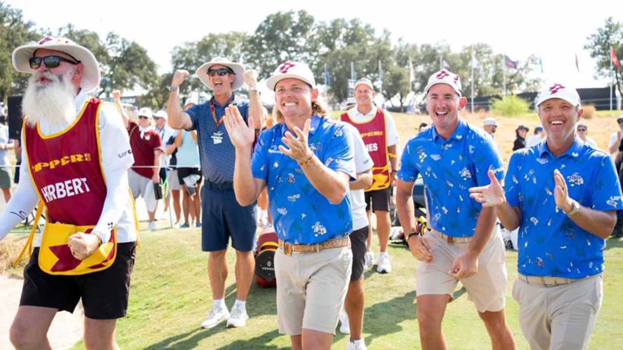 Ripper GC caddie Nick Pugh, captain Cameron Smith, Lucas Herbert and Matt Jones react after Marc Leishman nailed a crucial putt at the team championship in Dallas. Picture: Pedro Salado/LIV Golf