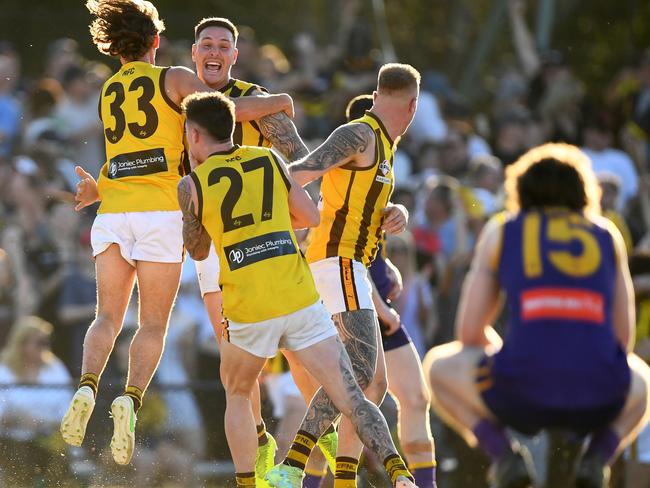 Rowville celebrate winning the 2023 Eastern Football Netball League Premier Division Seniors Grand Final match between Vermont and Rowville at Bayswater Oval in Bayswater, Victoria on September 16, 2023. (Photo by Josh Chadwick)