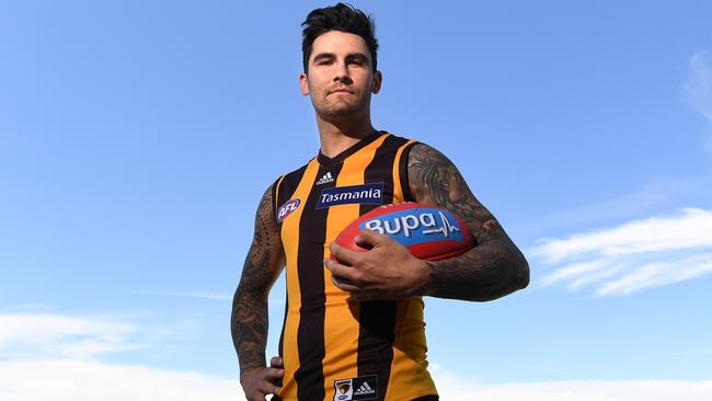 Chad Wingard tries on his new colours at Waverley Park.