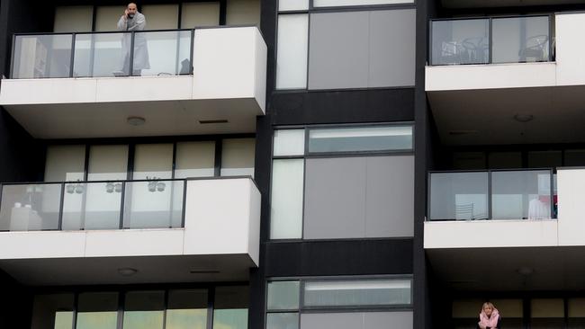 Residents in lockdown inside the Ariele Apartments. Picture: Andrew Henshaw