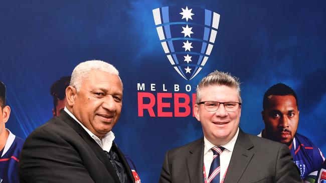 Former Fiji prime minister Frank Bainimarama and former Melbourne Rebels president Paul Docherty.