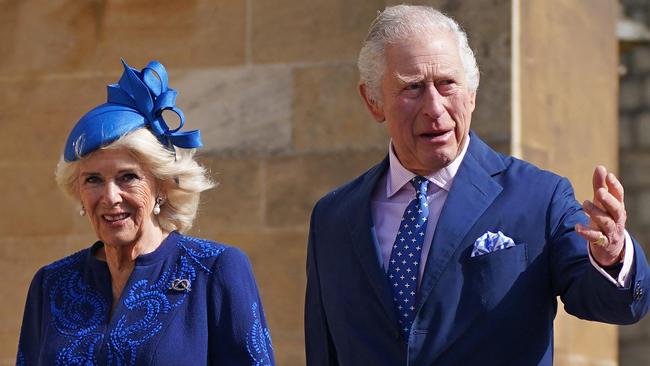 King Charles III and Camilla, Queen Consort arrive for the Easter Mattins Service at St. George's Chapel, Windsor Castle. Picture: AFP.